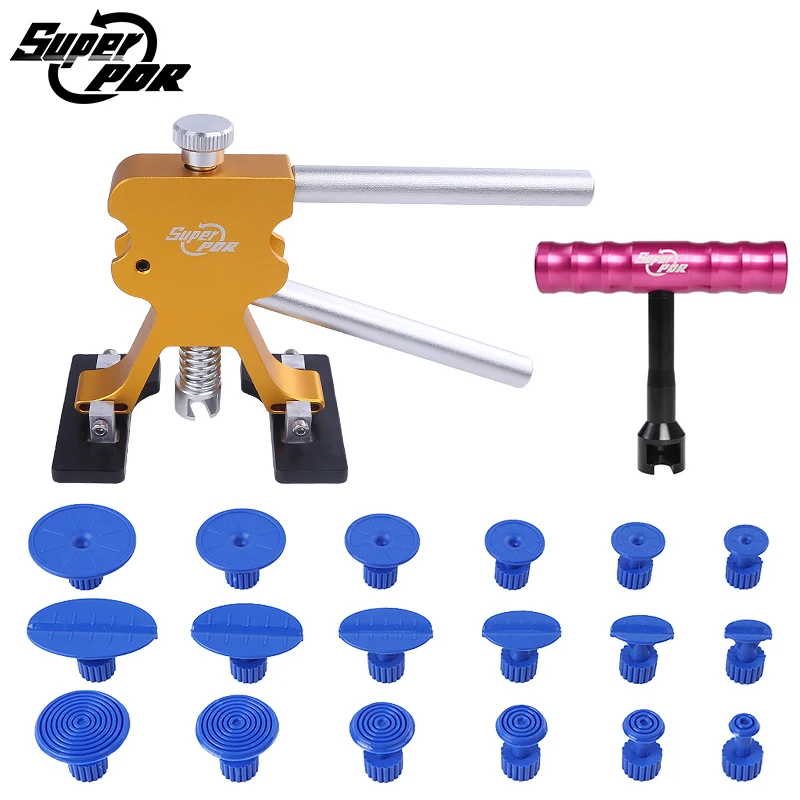 

Super PDR Tools Kit High Quality Car Paintless Dent Repair Tools Set Gold Dent Puller small red T dent puller 18pcs Glue Tabs