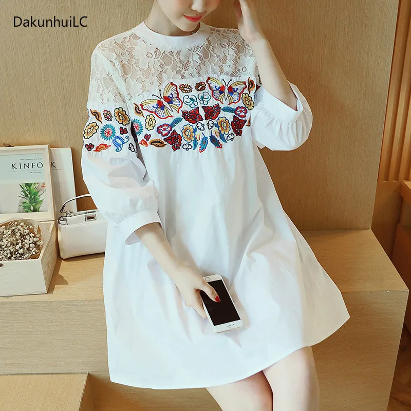 

2019 Summer new style Korean big code women's Lace stitching Butterfly Embroidery in long section Women dress