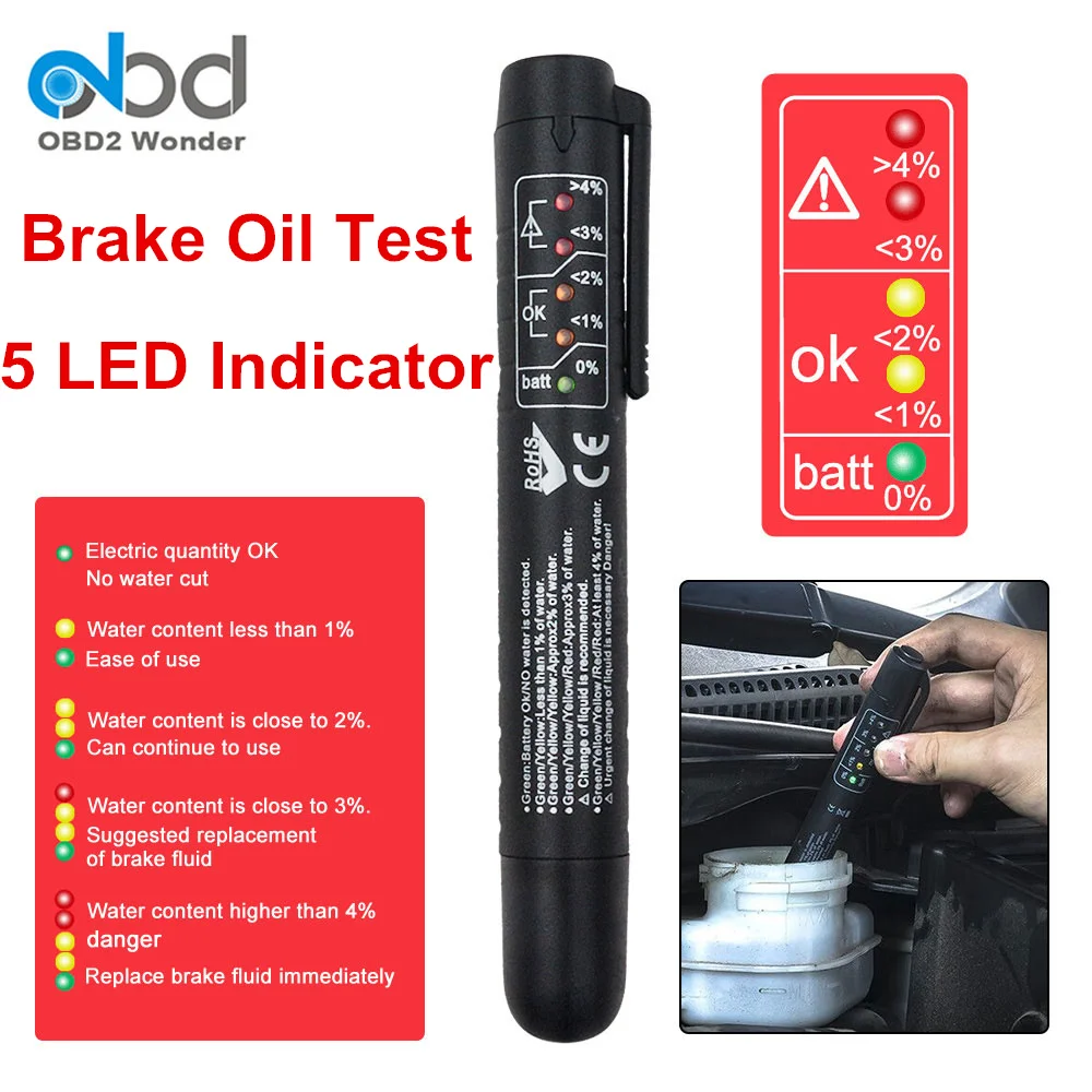 

New Brake Fluid Tester Pen Mini Brake Fluid Liquid Test Tool For All Cars 5 LED Display Brake Oil Humidity Test Pen Scanner