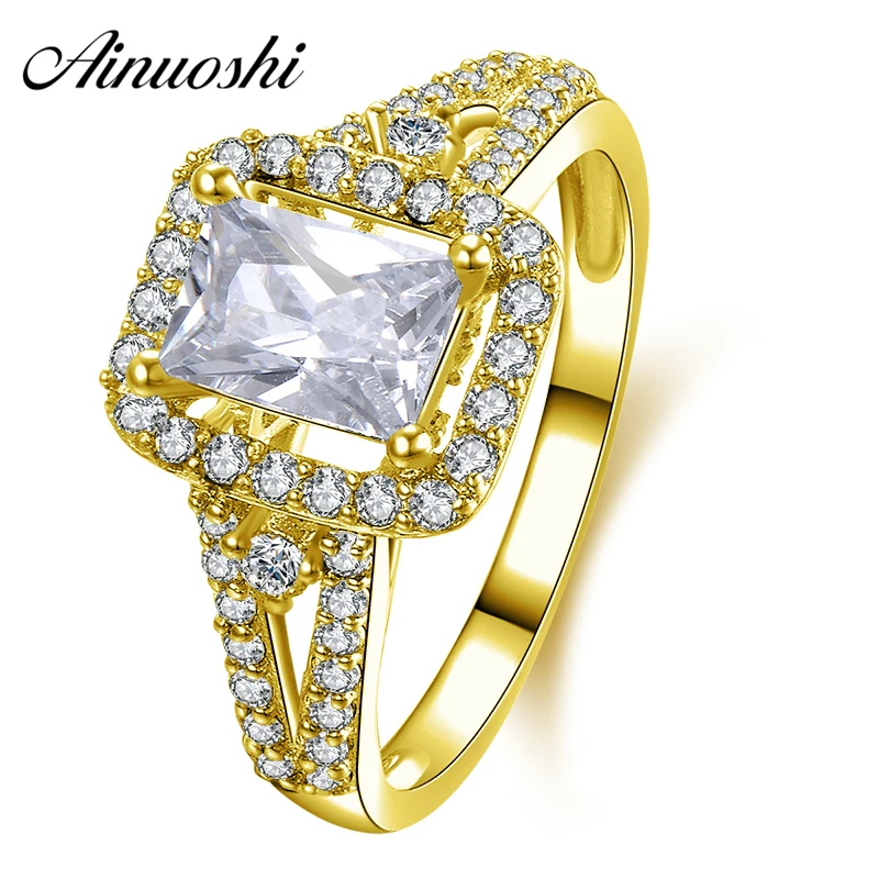 

AINUOSHI 14K Solid Yellow Gold Halo Ring Double Pave Setting Band 1 CT Rectangle Cut Sona Diamond Women Wedding Engagement Ring