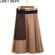 Новое поступление Женская замшевая юбка средней длины осенне-зимняя винтажная Лоскутная плиссированная элегантная женская юбка с высокой талией Femininas SK5549