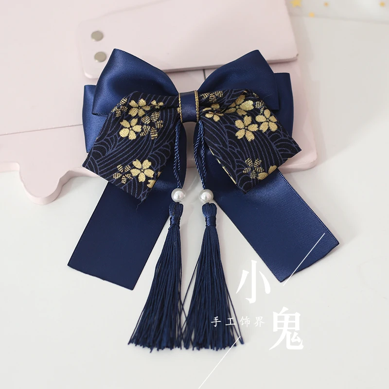 Темно-синий головной убор для волос с кисточками, заколка для волос, повязка для волос, кимоно, халат с изображением края - Цвет: the spring clip