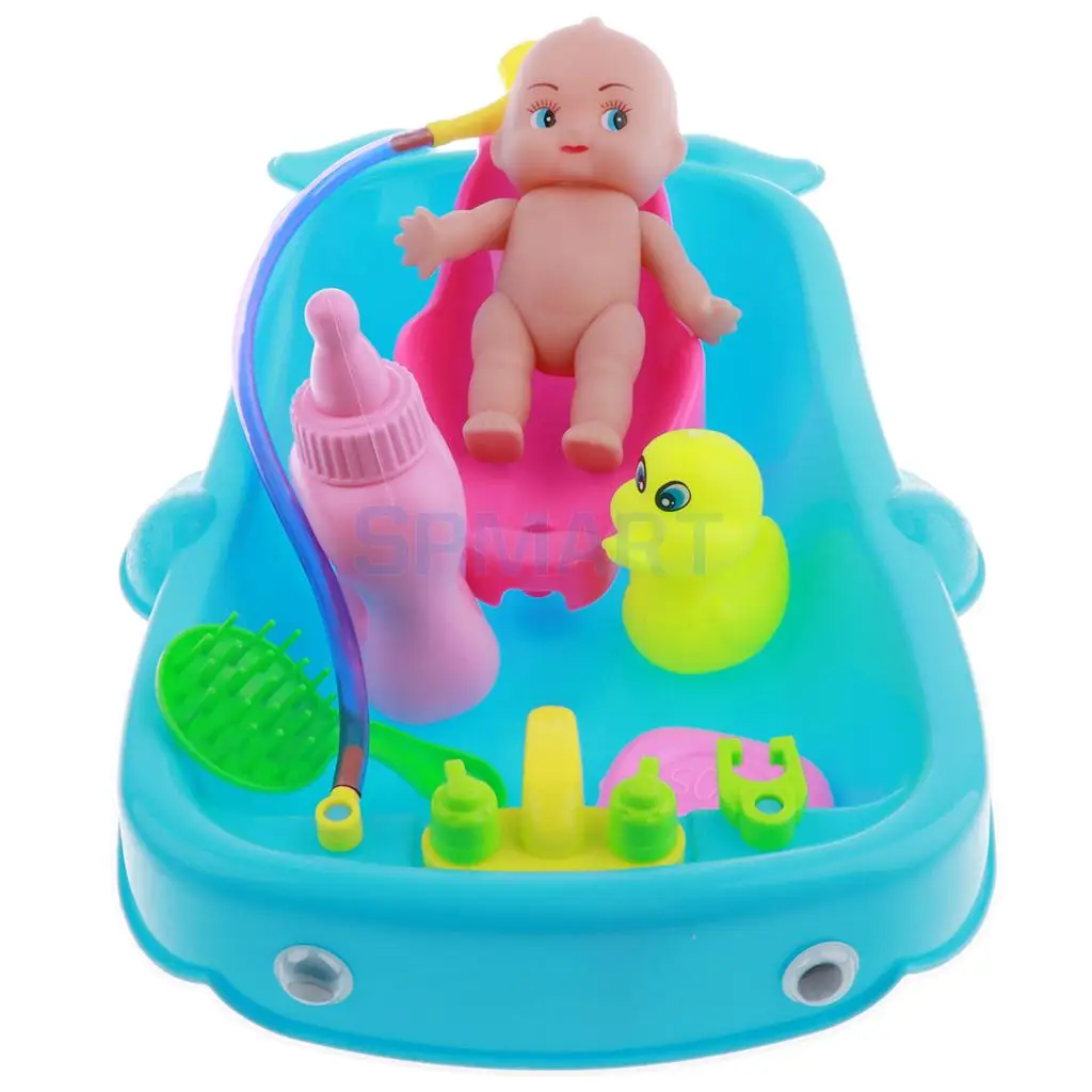 Set of Kid Baby Role Pretend Play Game Taking Care Doll Bath in Bathtub Developmental Educational Water Toy w/ Doll Gift