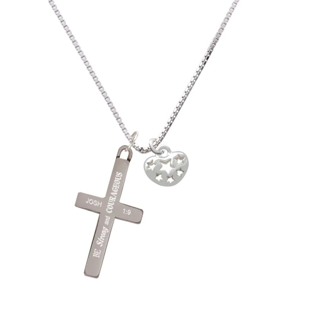 Small Heart with Cut Out Stars - Strong and Courageous - Cross Necklace