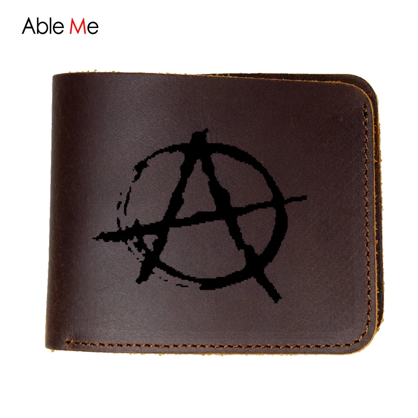 

Personality custom logo high quality genuine leather wallets laser Engraved birthday gift Anarchy Symbol Punk Rock Wallet Men