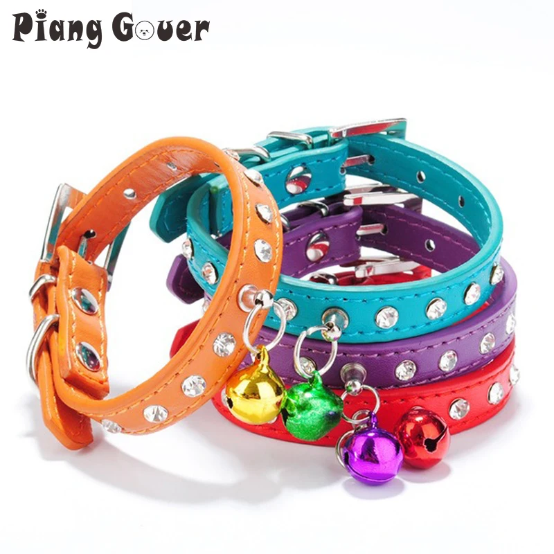 

Dog harness Puppy Dogs Collar Bell Rhinestone PU Leather Cat Supply Collars Pet Neck Strap with Bell 9 colors