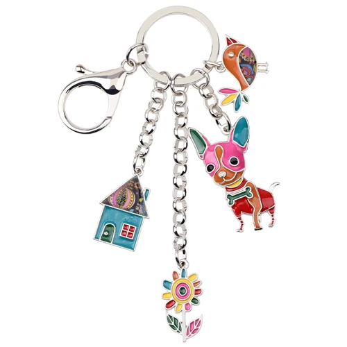 Bonsny эмалированный металлический Чихуахуа собака птица цветок брелок для дома брелок сумка Шарм мужской ювелирный держатель ключей для женщин - Цвет: Multicolor