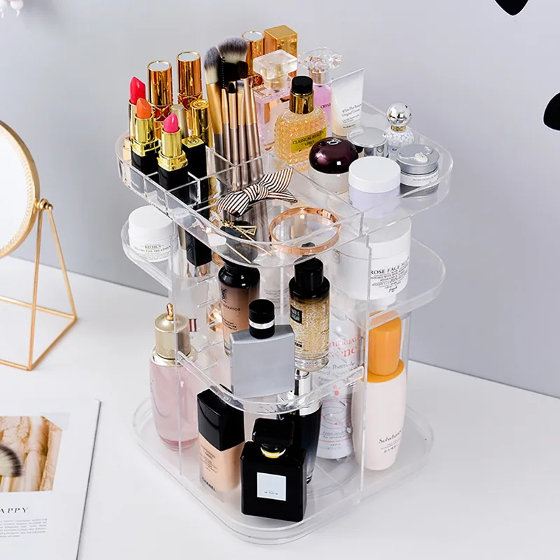 360-degree Rotating Makeup Organizer cosmetic Display Case round jewelry storage rack box Adjustable Cosmetic Storage Rack