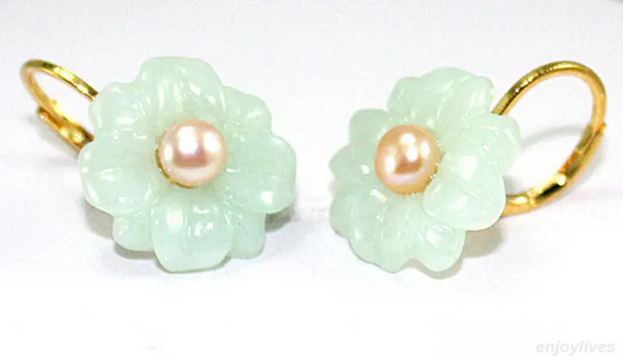 

Free shipping Natural Light Green Jade Flower Genuine Pink Pearl Gold Plated Hook Earrings 6.10