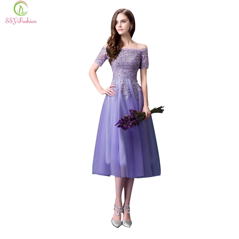

Grace Purple Evening Dresses of 2017 SSYFashion The Boat Neck Tulle Embroidery Sequined Nail Beaded Tea Length Formal Dresses