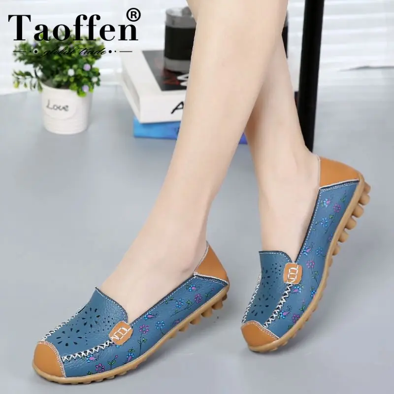 

TAOFFEN Plus Size 35-44 Women Real Leather Print Flats Shoes Patchwork Round Toe Loafers Shoes Fashion Daily Shoes Women