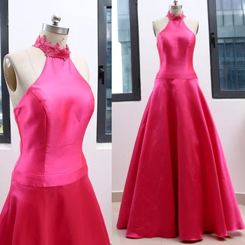 

MACloth Fuchsia Ball Gown Halter Floor-Length Long Floral Satin Prom Dresses Dress L 263040 Clearance