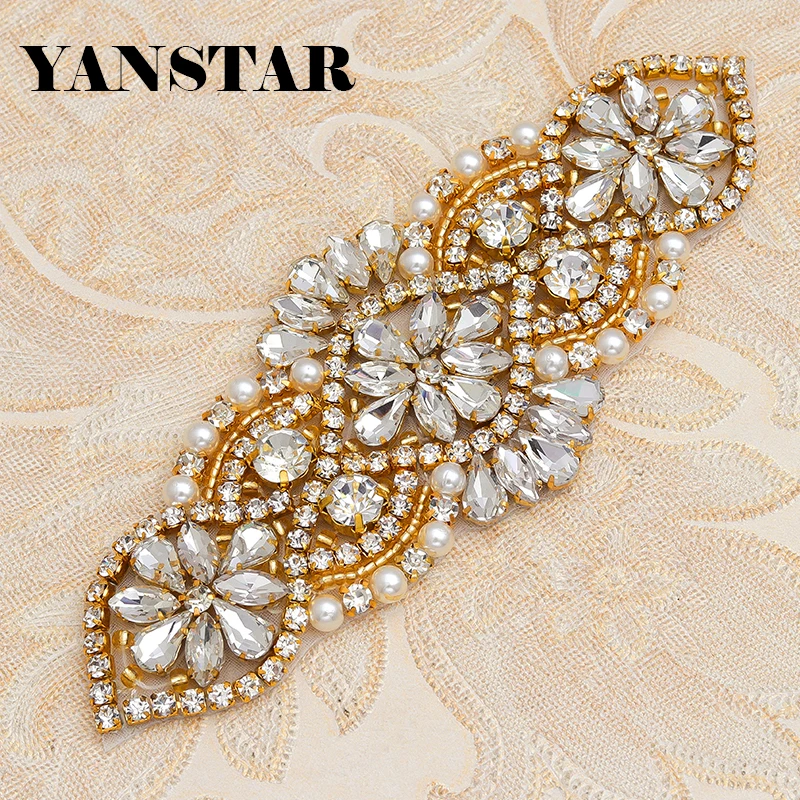 

YANSTAR (10 шт.) оптовая продажа Жемчужный Розовый Золотой Свадебный ремень стразы аппликация нашивка кристалл платье Свадебные ремни ручной работы YS852