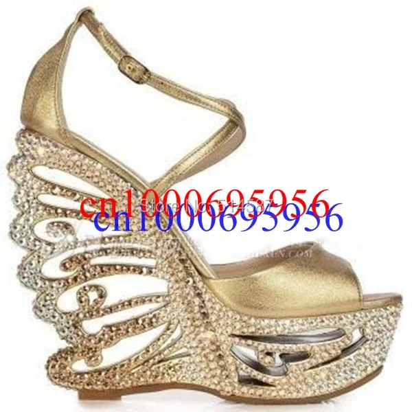 Exclusive women butterfly rhinestone platform wedge pumps gold peep toe ankle buckle high heel