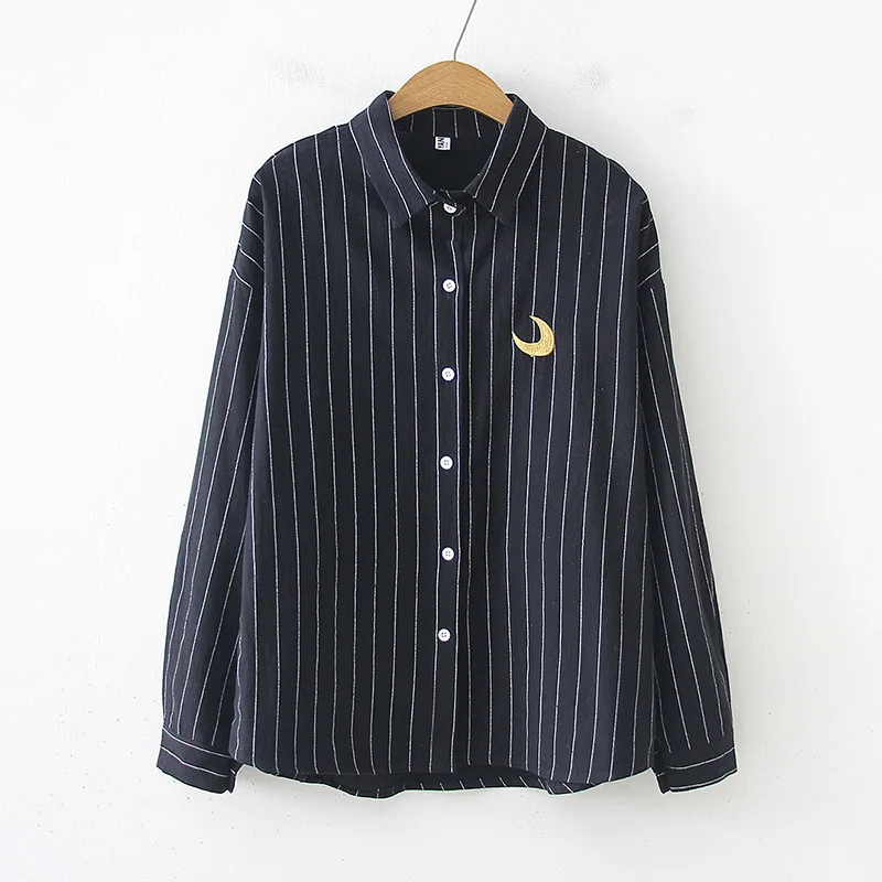 Striped Weather Embroidery Cute Women Blouse Long Sleeve Turn Collar Students College Shirts 2019 Summer Loose Casual Tops Woman