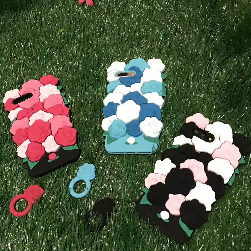 Aoweziic 3D Cute Romantic Rose Flowers Phone Case For iPhone X 6 6s 7 7 Plus XR XS MAX Soft Silicone Luxury Fashion Free Lanyard
