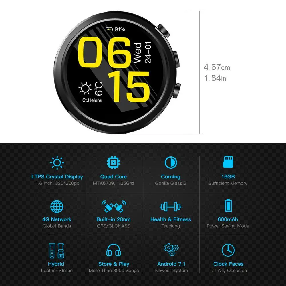 4G SmartWatch 1.6 inch Crystal Display GPS/GLONASS Quad Core 16GB 600mAh Hybrid Leather Strap Smart Watch