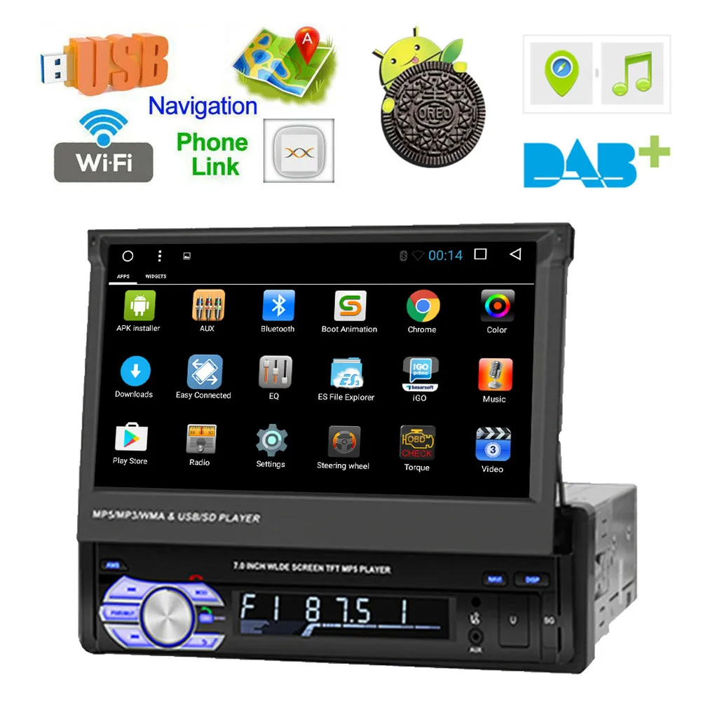 

Single 1 Din Android 9.1 Car Stereo Radio Player 7'' Flip Touch Screen Car GPS Navigation WiFi MP5 Player Audio USB SWC