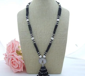 

N062608 26" 3Strands White Pearl Onyx Necklace CZ Pendant