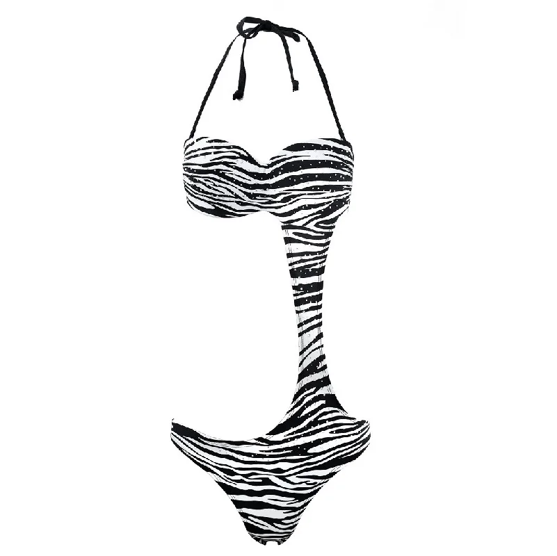 Women sexy zebra scat bling bikini rhinestone one-piece bathing swimsuit underwire and padded irregular swimwear push-up biquini