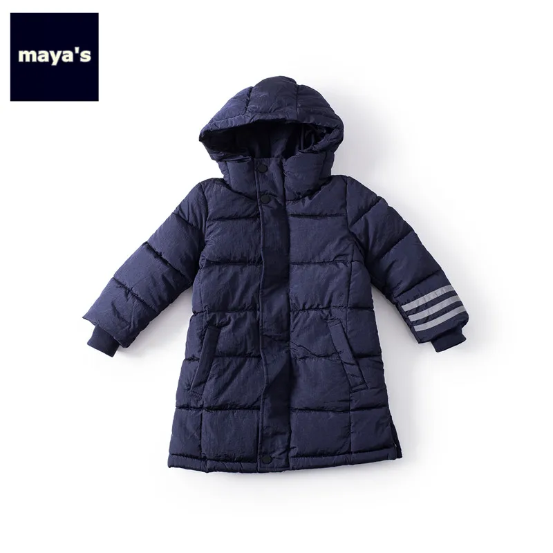 Mayas/синяя утепленная зимняя Базовая куртка для мальчиков прямое свободное теплое Детское пальто детские новые уличные длинные парки на молнии с капюшоном 84020