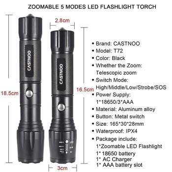 

CASTNOO 8000 Lumen T6 LED Flashlight USB 5 Modes 18650 Battery Torch Super Bright Lamp For Cycling +AC Charger