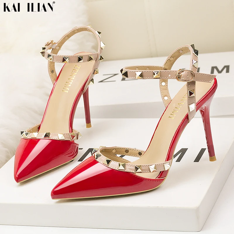 

Summer shoes Women high heels 2019 Female Sandals Rivet ankle strap thin heels pointed toe pumps slingback fashion ladies shoe