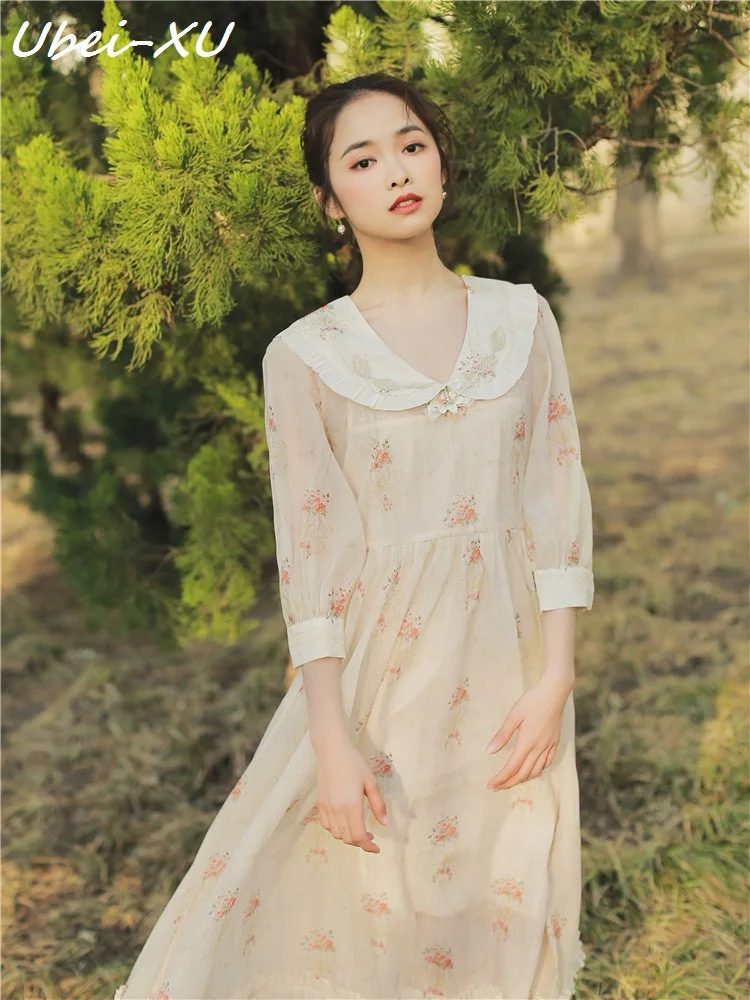 

Ubei 2019 New women Retro dress peter pan collar chiffon floral print dress fairy long dress girl lovely summer