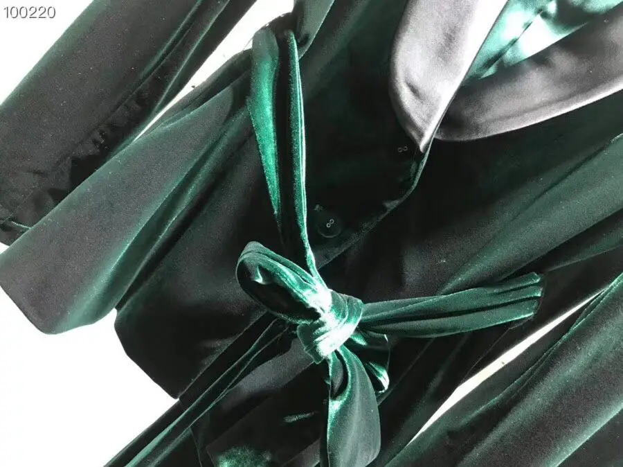 Бархатный спортивный костюм Демисезонный модные Блейзер Устанавливает Для женщин Зубчатый воротник с бантом на поясе блейзер+ полной длины велюровая обивка комплект