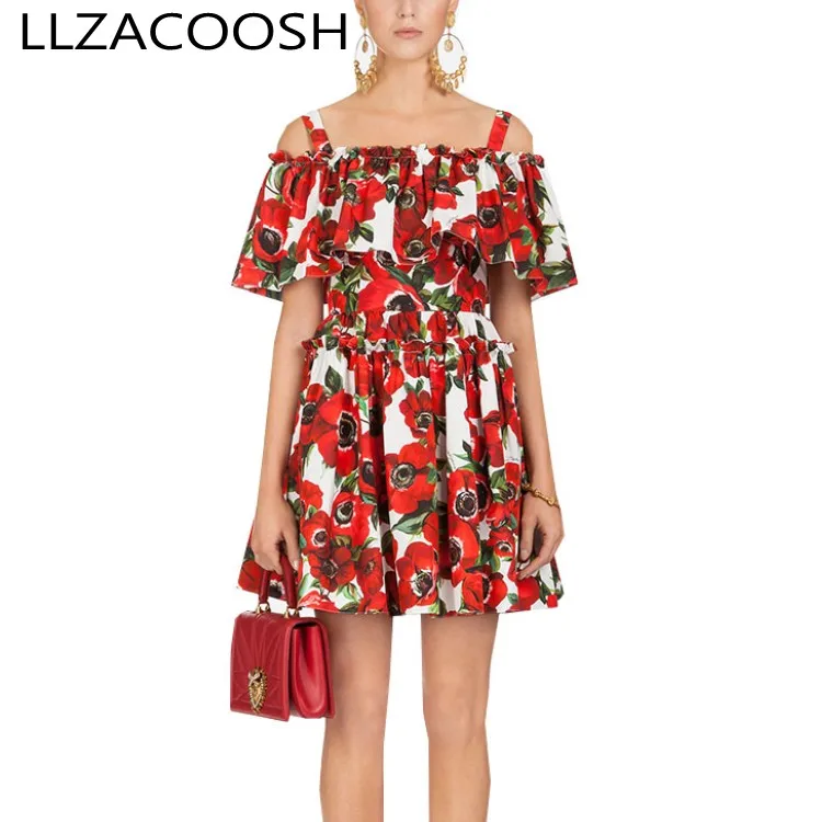 

Fashion Runway Casual Holiday Summer Women's Slash neck Floral Printed Ruffles Off Shoulder Holiday Beach Women Mini Dress
