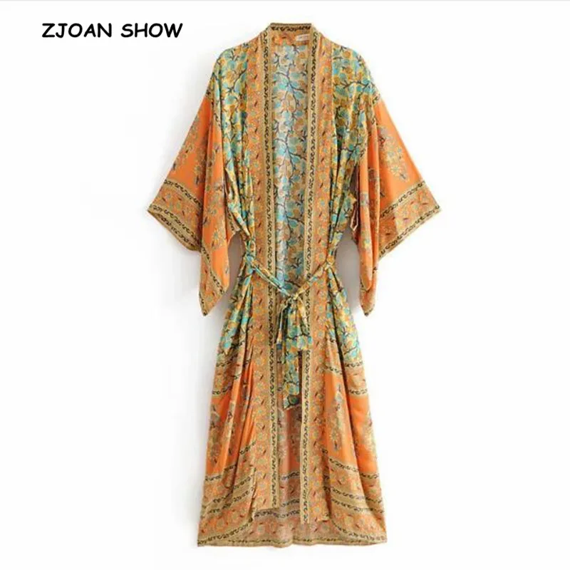 

Bohemian Location Flower Print Maxi Long Kimono Shirt Orange Woman Ethnic Slit Sleeve Bow Tied Sashes Cardigan Loose Blouse Tops