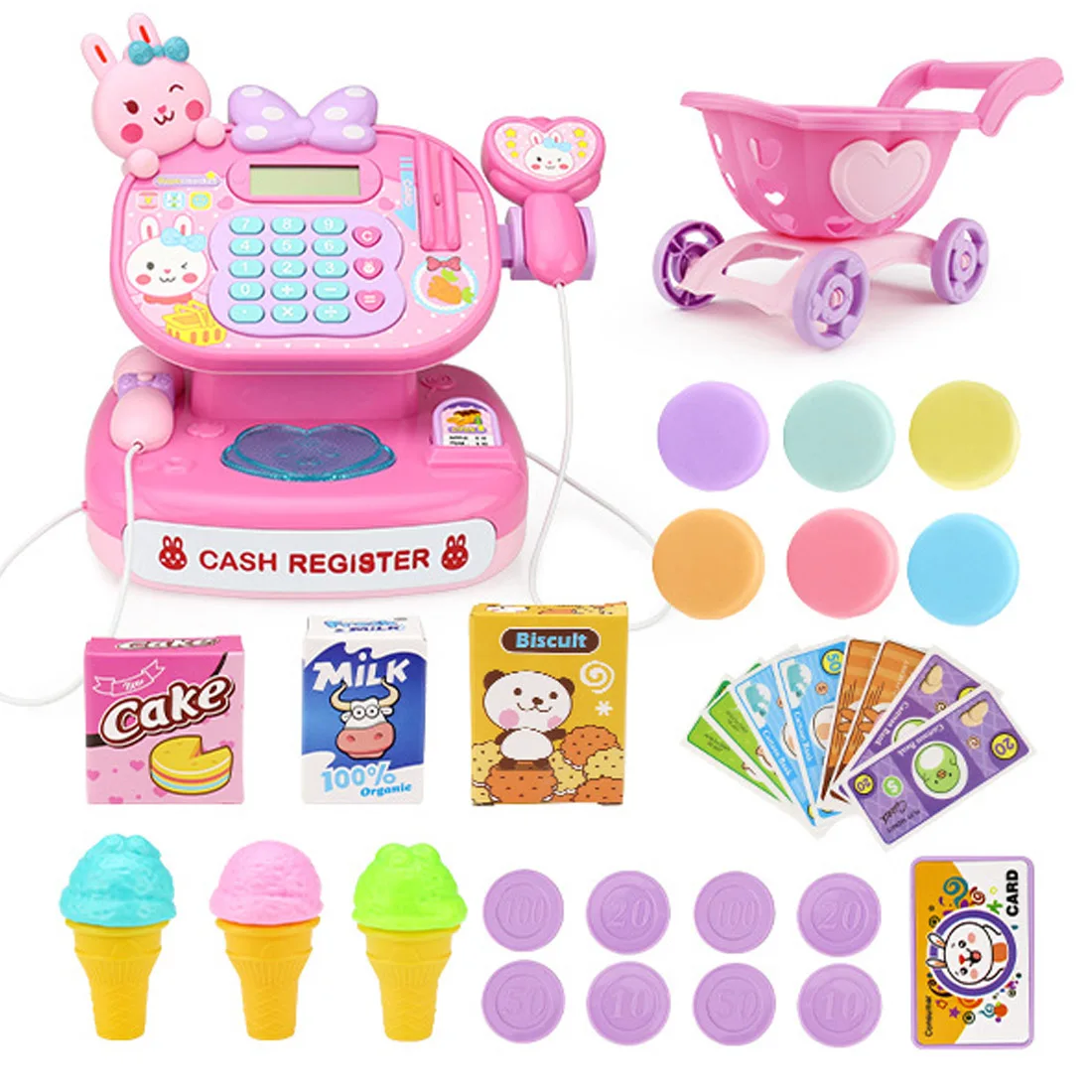 Surwish прекрасные детские ролевые и игровые игрушки Моделирование супермаркет кассовый аппарат наборы с тележкой для покупок - Цвет: Pink Rabbit
