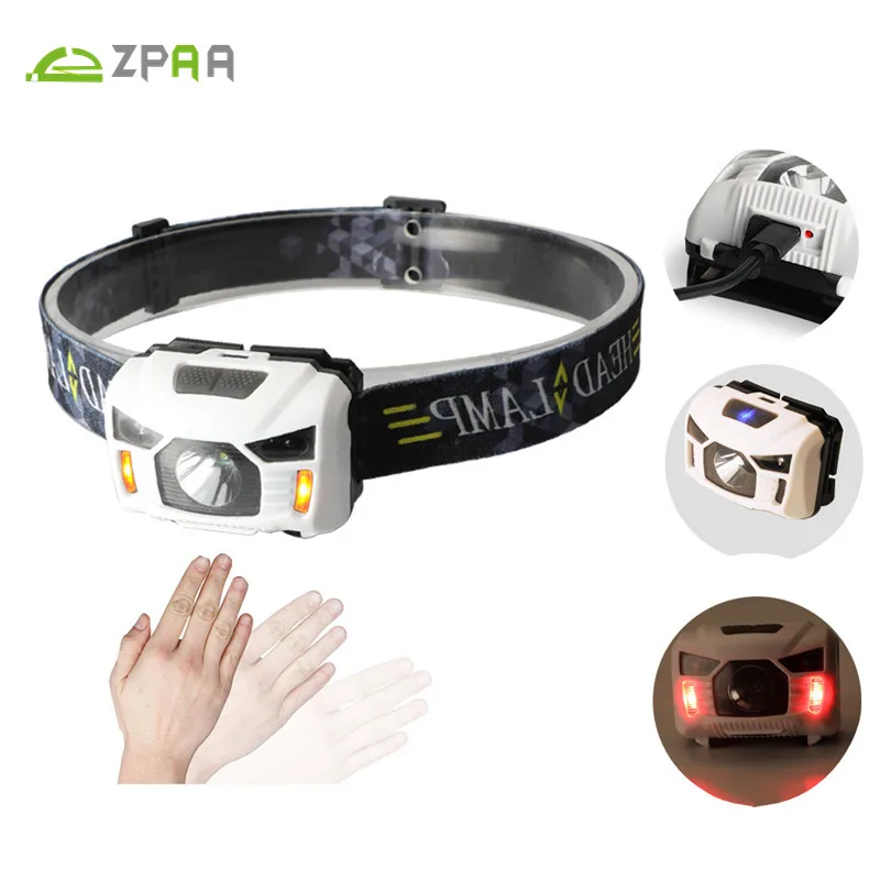 

Mini Portable IR Sensor Headlight R5 XPE LED USB Rechargeable Lantern USB Headlamp Red/White Light Head Torch Built-in Battery