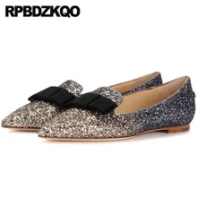 Большой Размеры Туфли без каблуков Лоферы осень-весна Bling Блестки тонкие туфли золото Лук Серебряный Блеск китайские свадебные острый носок Для женщин