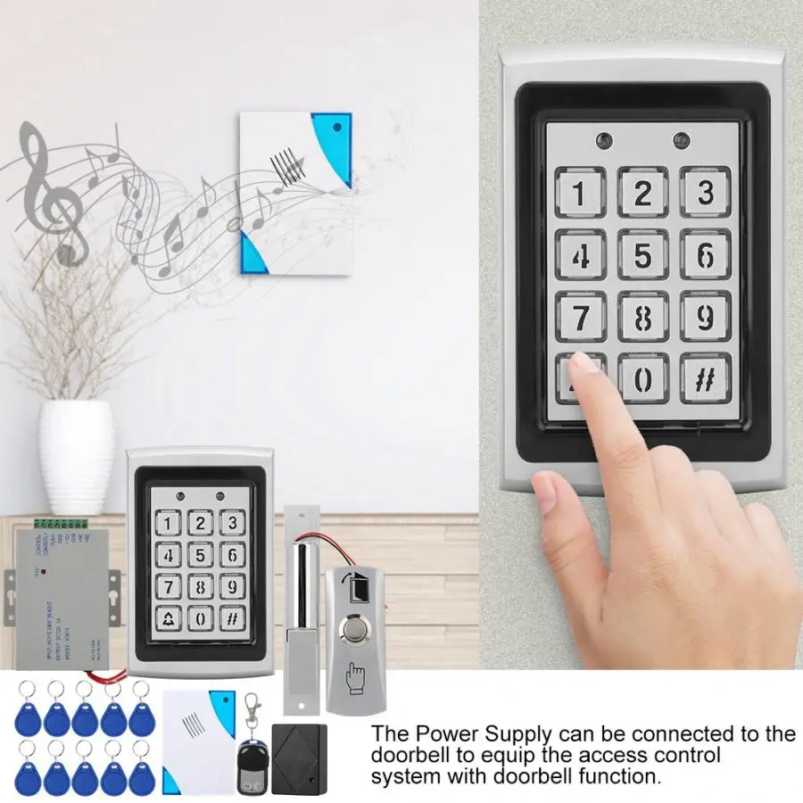 

Door Access Entry System Magnetic Lock Remote Control Doorbell Power Supply 10keyfobs ADF005