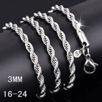 

1PC 3mm width pure N925 sterling Silver color charm rope necklace chain jewelry quality good lobster buckle 16-24 inch