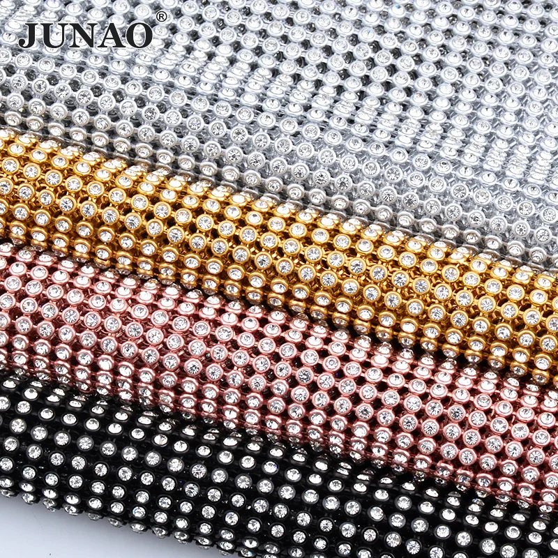 

JUNAO 45x120cm Silver Aluminum Mesh Glass Rhinestones Trim Metal Fabric Crystal Mesh Banding Sewing Strass Applique for Jewelry