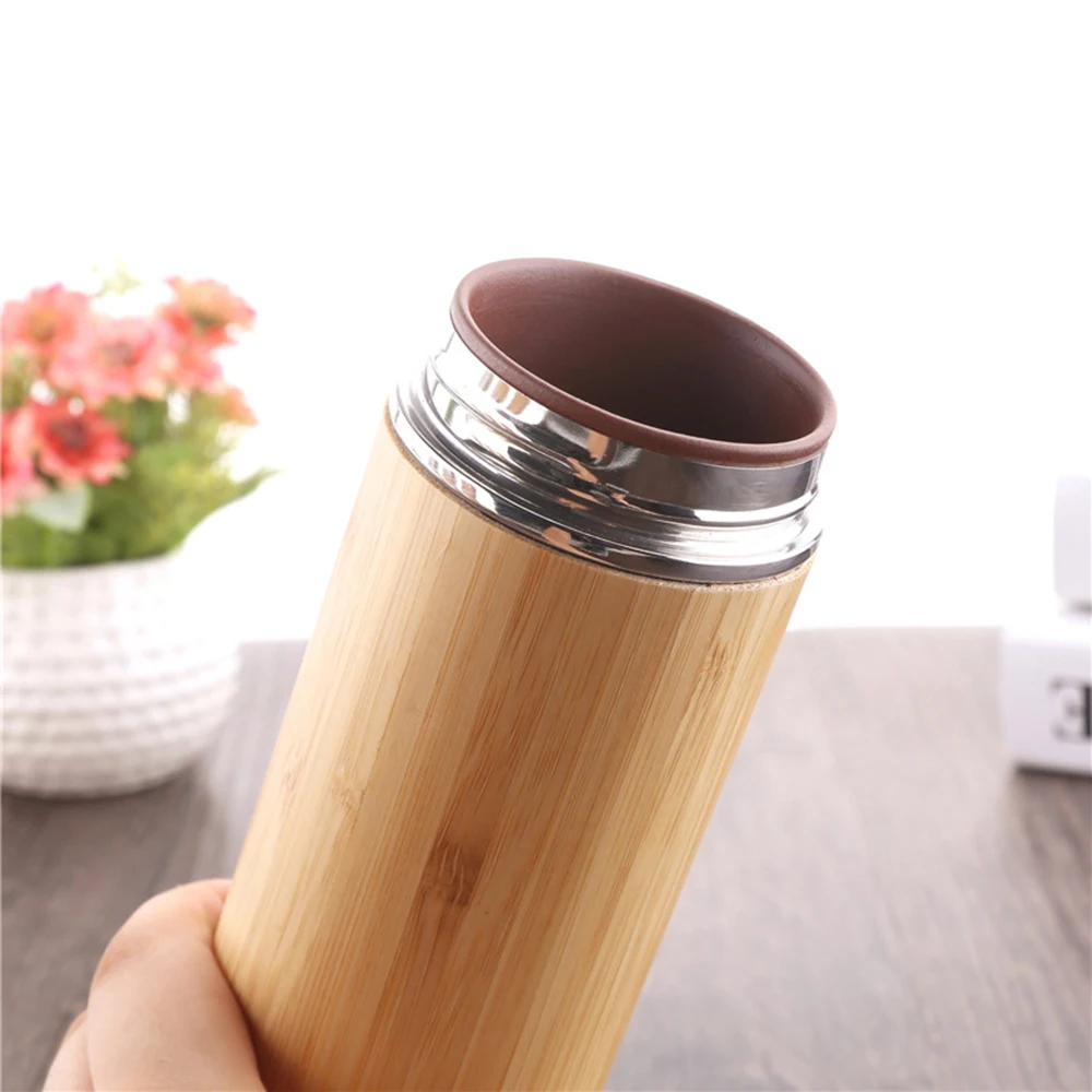 1 шт. креативная термос из нержавеющей стали с бамбуковой крышкой для офиса дома термос бутылка кофе бутылки для воды новая вакуумная колба - Цвет: Brown Inside Bottle