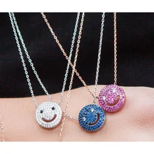 fashion 2017 new arrive 925 sterling silver smiley face necklace with crystal jewelry zirconia micro pendant stylish smiley face lace choker necklace