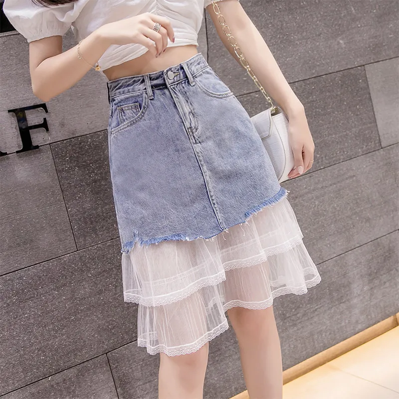 

Women Summer Fashion denim Knee-Length Skirts High Street jupe Pockets Button 2019 New Pleated Korea Casual Saia Femininas