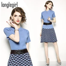 Spring Autumn Women Two Piece Suit Set Female Dress Short Sleeve Top Office Lady Polover Sweater and Plaid Skirt Without Sashes