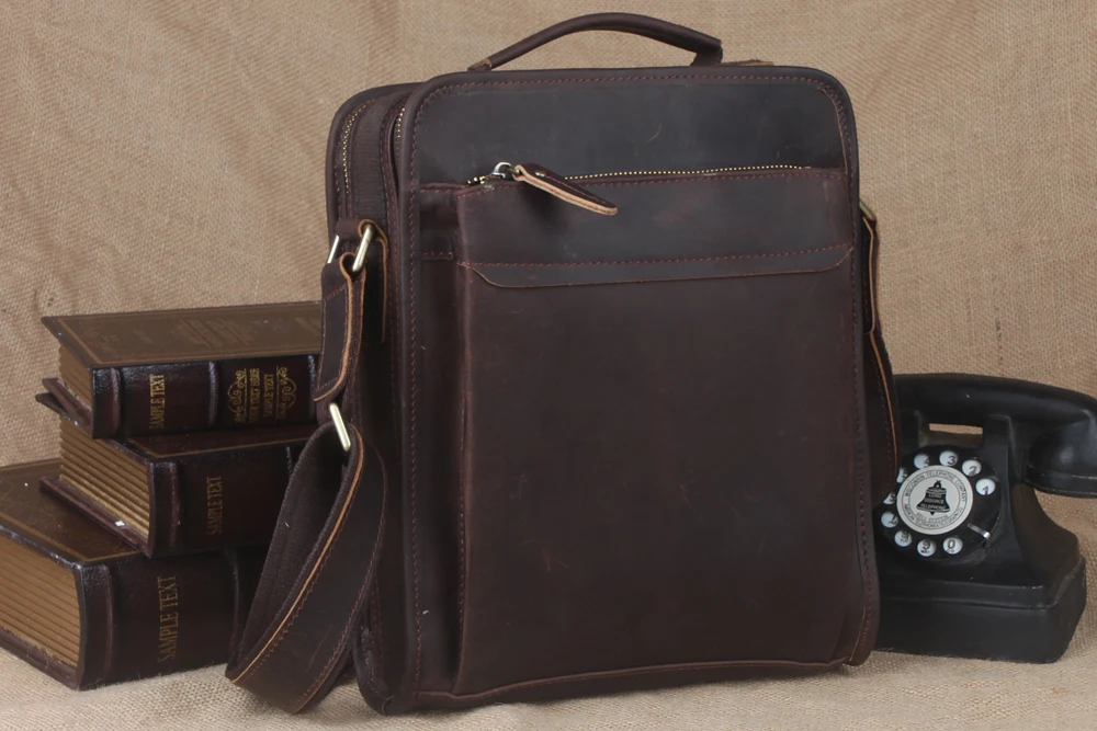 TIDING Vertikální Real kožené tašky Tote organizér taška pro muže Crazy kůň kůže Cross Body Bag Vintage Wild Style 1125