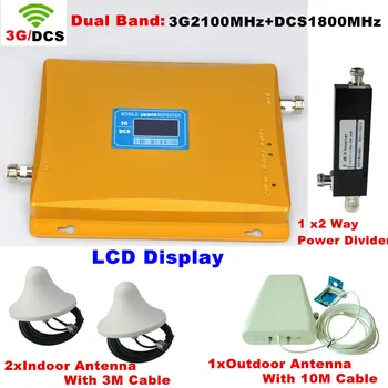 

LCD display Dual band DCS 1800MHz + 3G W-CDMA 2100mhz cell phone signal booster / repeater / amplifier + 2 sets indoor antenna