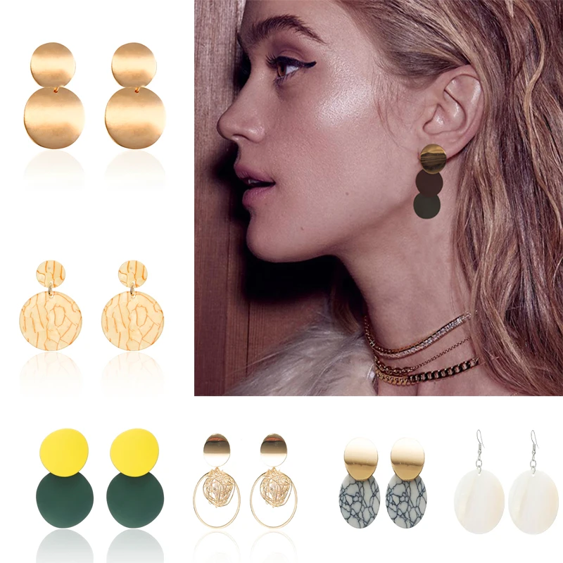 

Personality Unique Design Double Round Geometric Earrings Stone Shell Circle Earrings Korean Style Trendy Jewelry Metal Brincos