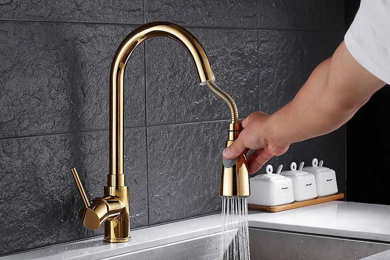 Kitchen Faucets Gold Single Handle Pull Out Kitchen Tap Single Hole Handle 360 Rotate Crane Chrome Hot Cold Sink Mixer XT-192