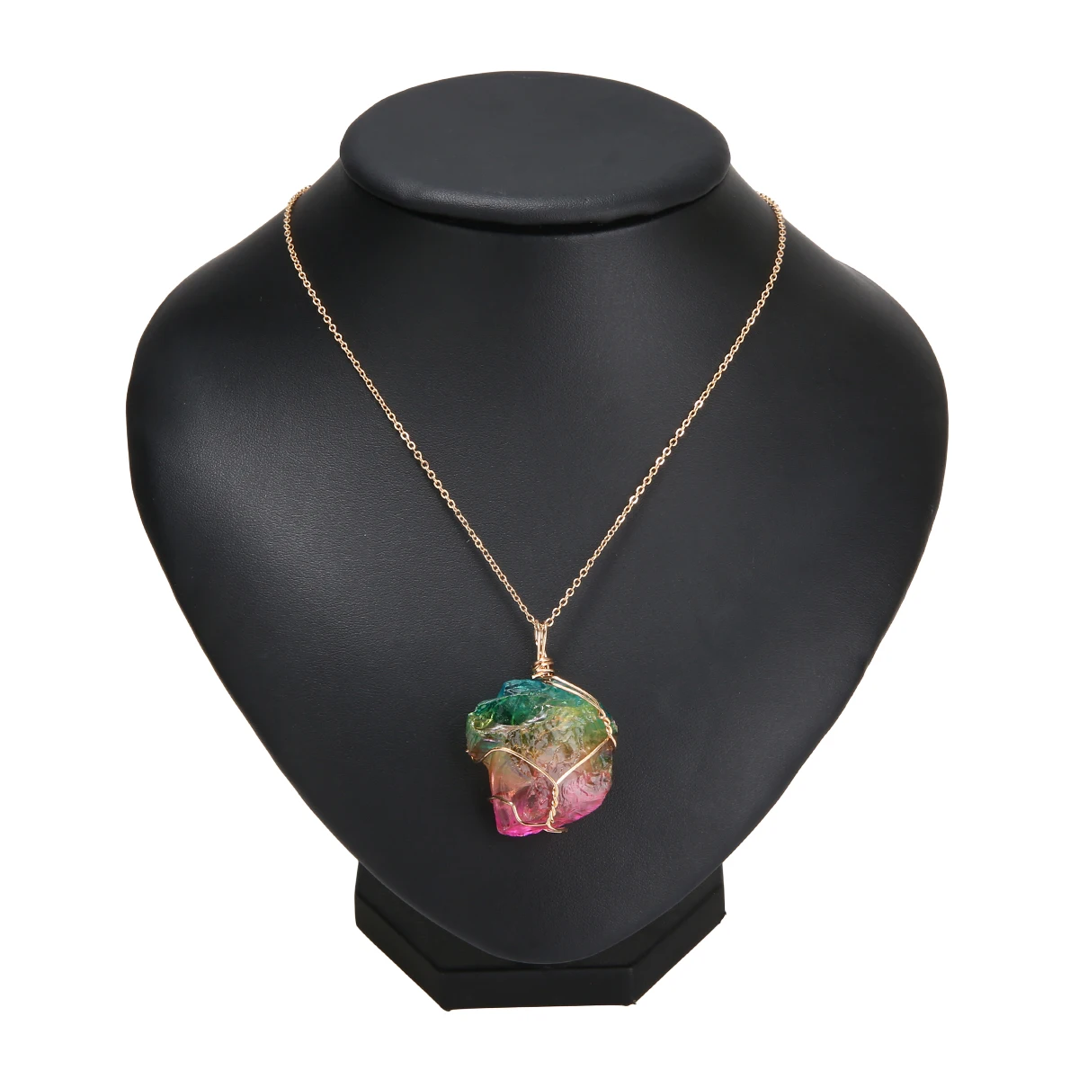 Punk Charms Unisex Rainbow Colorful Stone Pendant Necklace Crystal Rock Gold Color Fashion Chain Chic Unique Bohemian Jewelry