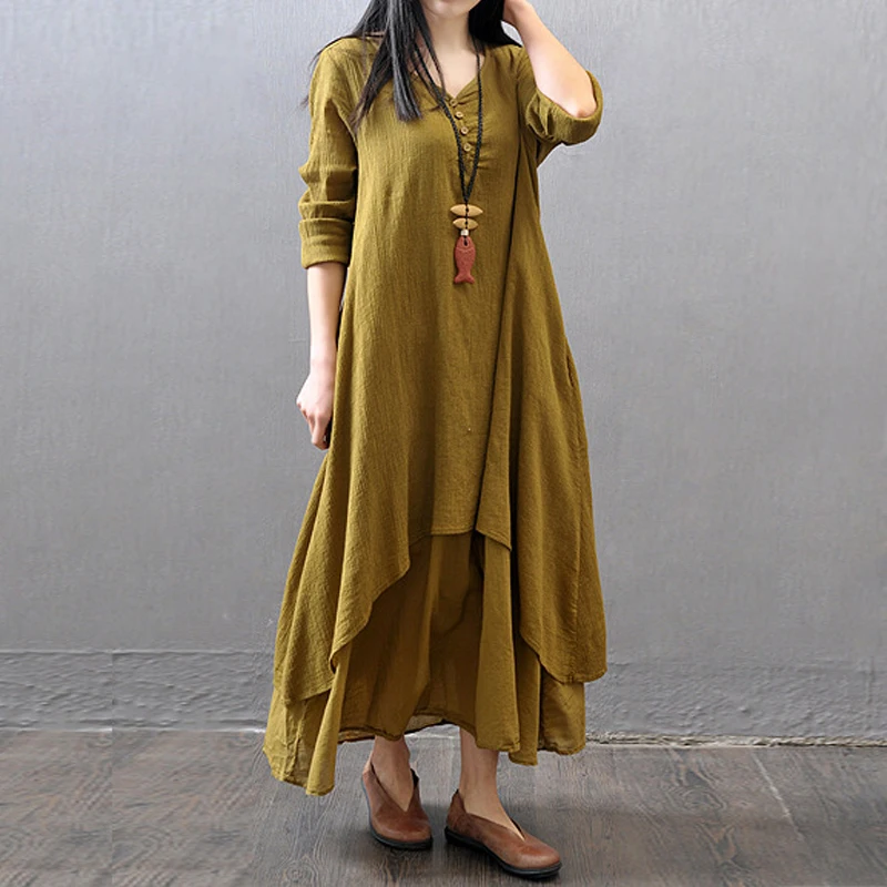 Johnature Cotton Color Women Maxi Dress 