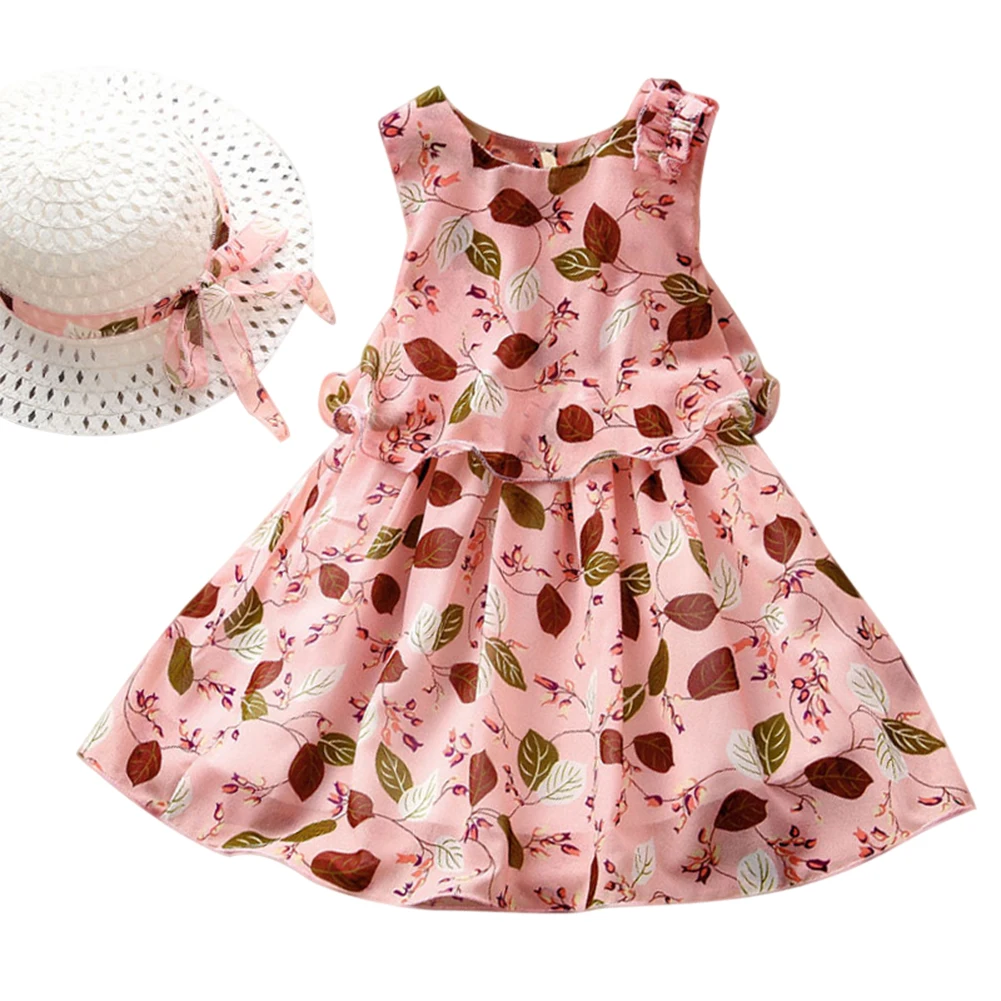 

2019 New Children Girl Sleeveless Round Collar Printing Dress with Hat for Summer Beach Party