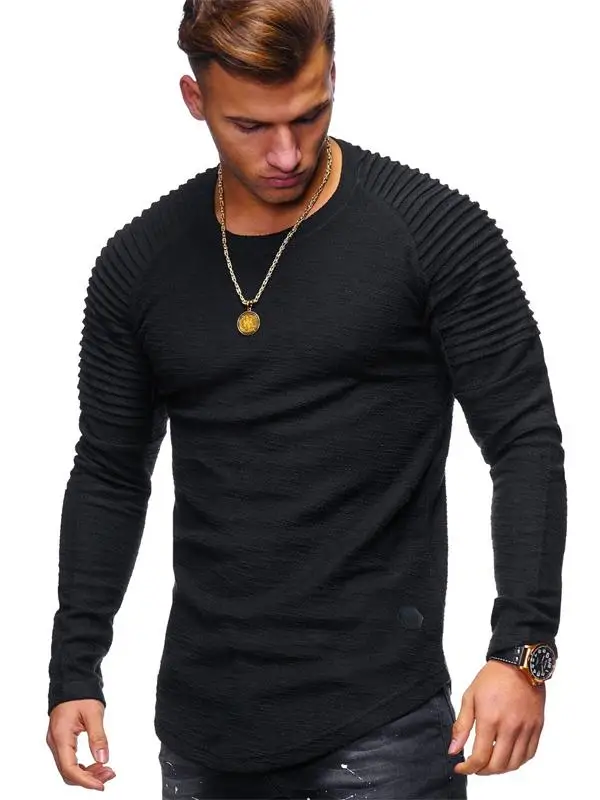 Новая модная мужская Тонкая Однотонная футболка с круглым вырезом и длинным рукавом, стильная футболка в полоску с рукавом реглан, топы, футболки - Цвет: 2