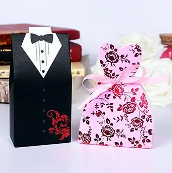 

Romantic Dress & Tuxedo Bride Groom Ribbon Candy Bomboniere Boxes Cartoon Paper Candy Box wedding Party boxes